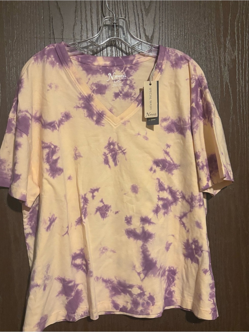 Natural Reflections V‑Neck Tie‑Dye Tee in Cream & Purple